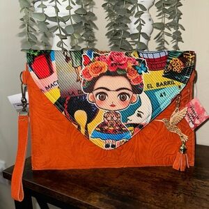 Handmade Frida-Inspired Orange Suede Clutch/crossbody w/ Colorful Artistic Flap